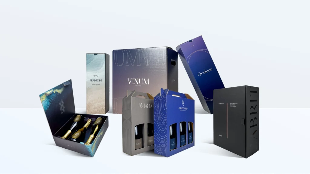 esempi di packaging, scatole e imballaggi per vino, olio e liquori creato da Salco