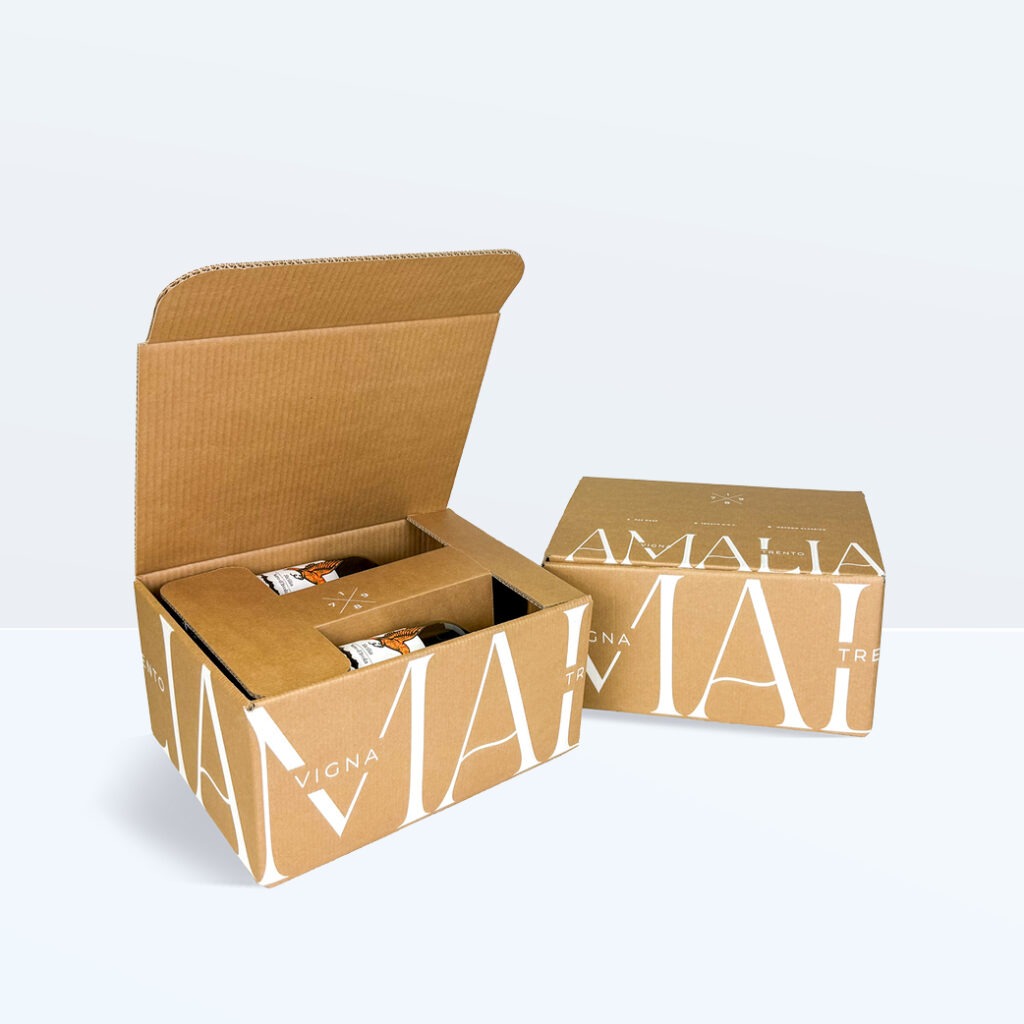 box of 6 bottles, laid on their sides, with protective inserts